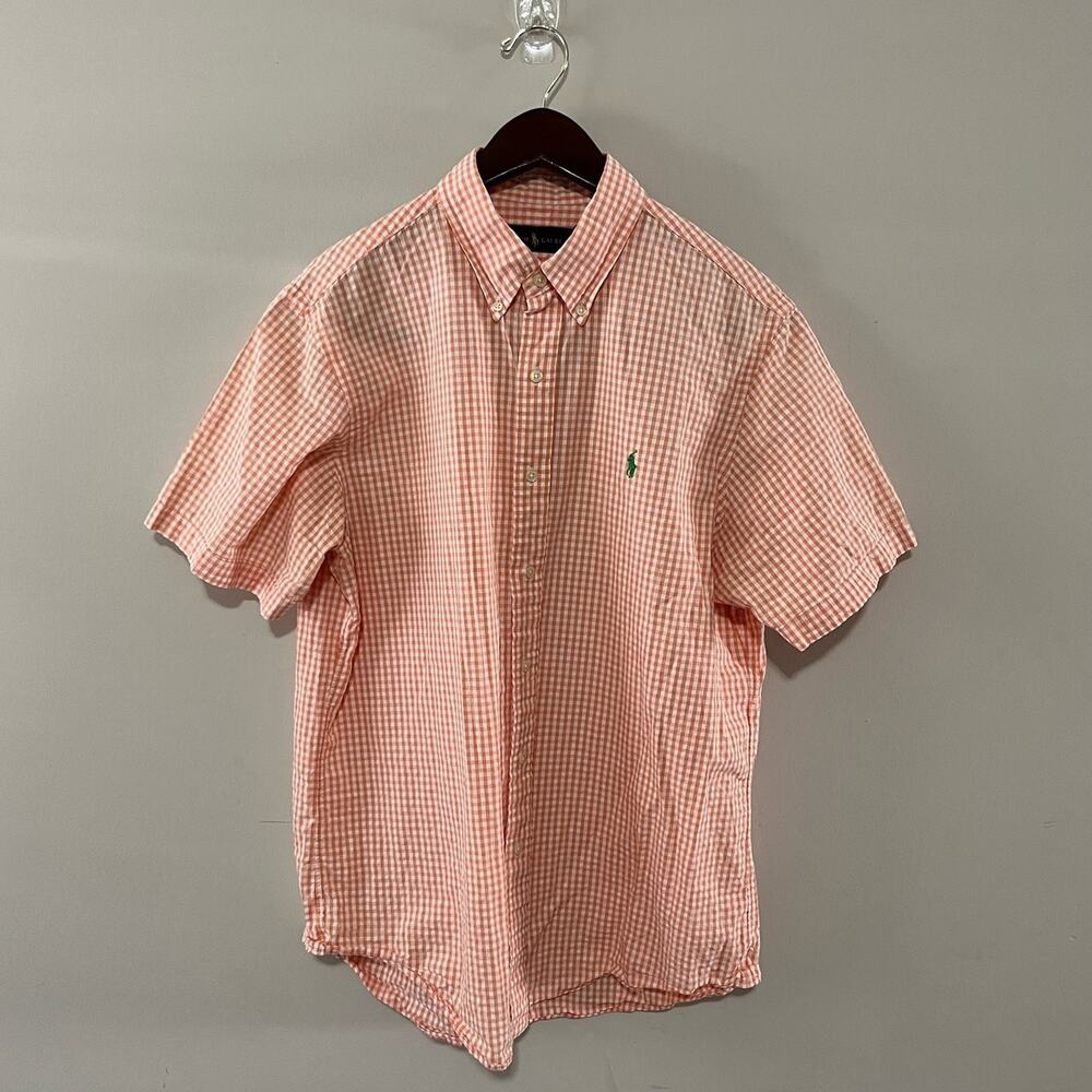 Men’s Ralph Lauren Short Sleeve Button Down Orange White Gingham Check (0942)